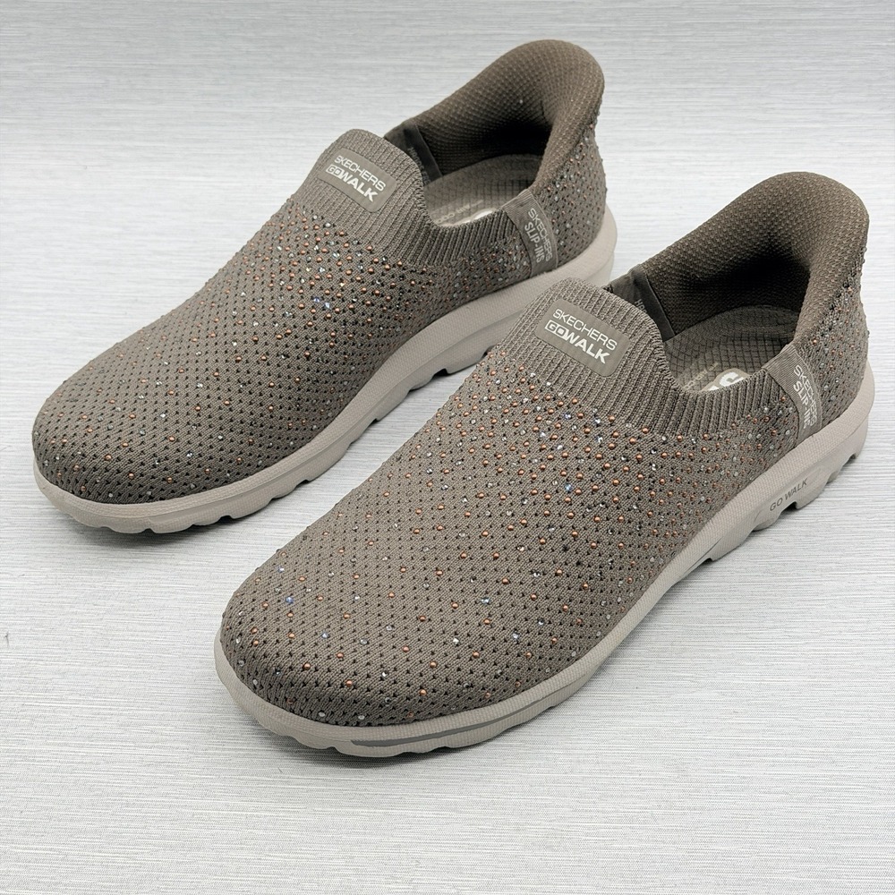 Skechers GOwalk Women's 7 Sneakers Taupe Brown Rhinestone Slip Ins Bling 125280
